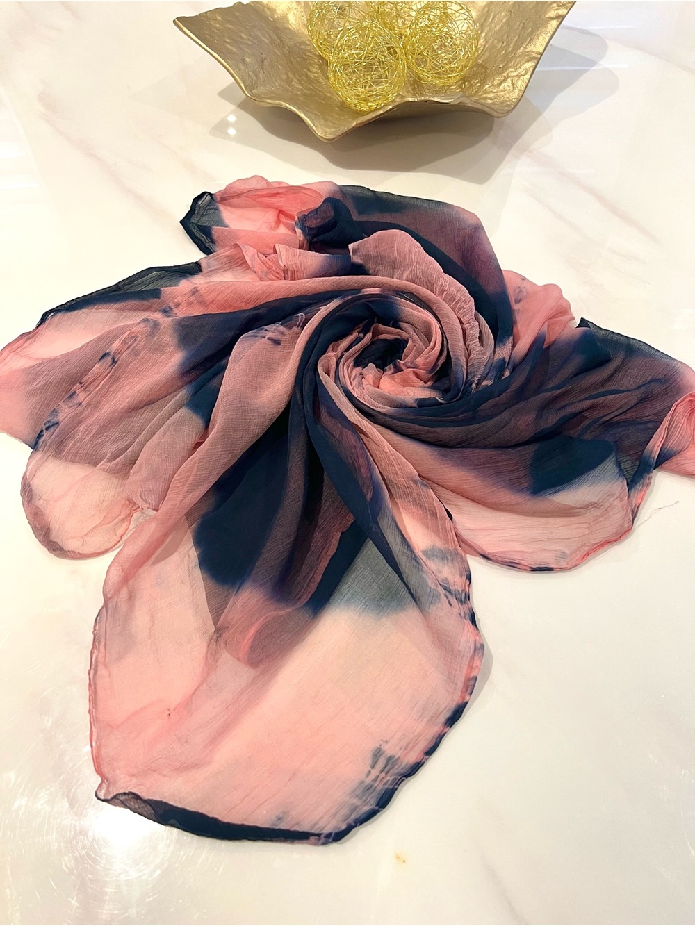 Pink and Navy Tie-Dye Chiffon Scarf
